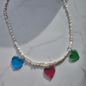 Multi-Charm Heart Necklace ft. Murano Glass & Freshwater Pearls- Handmade Dainty Choker wt Minimalist Pearl Gemstones, Valentine's Jewelry