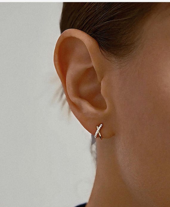 Diamond Huggie Earrings: 18K Gold Plated Sterling Silver Hoops