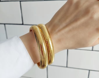 Gold Plated Flex Bangle: Chunky Stainless Steel Slip-On Bracelet