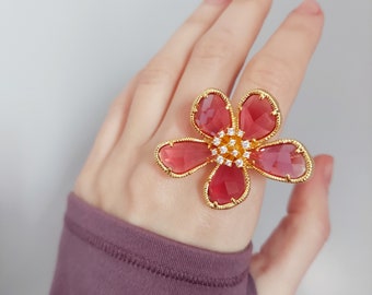Big flower ring, Flower ring, Statement ring Dainty Ring, Crystal Ring, Bday Gift for Her, Unique Ring, Large Flower Ring, Beautiful Gift