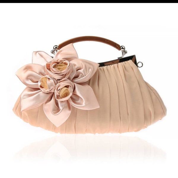 Satin Rose Clutch Bag, Taupe Satin Wedding Clutch, Bridesmaid’s Purse, bridesmaid purse, evening purse,