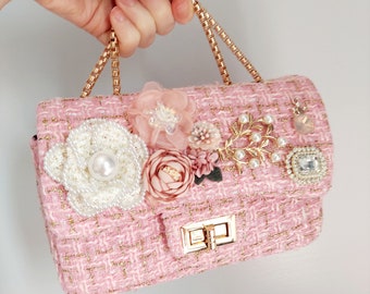 Crystals Jewelled Tweed Handbag, Trendy Accessories , Gifts , Luxury Handbags,  Mother's Day,  Brunch Bags