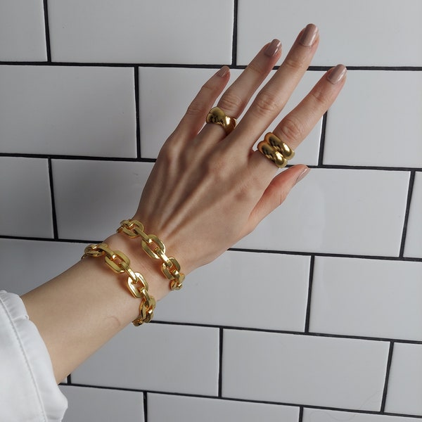 Gold Cuff Bracelet, Link Chain Bracelet, Summer Bracelet, Gold Bangle, Bracelet Layering Stacking Shiny Heavy Bangle Gold, Stylish Jewelry