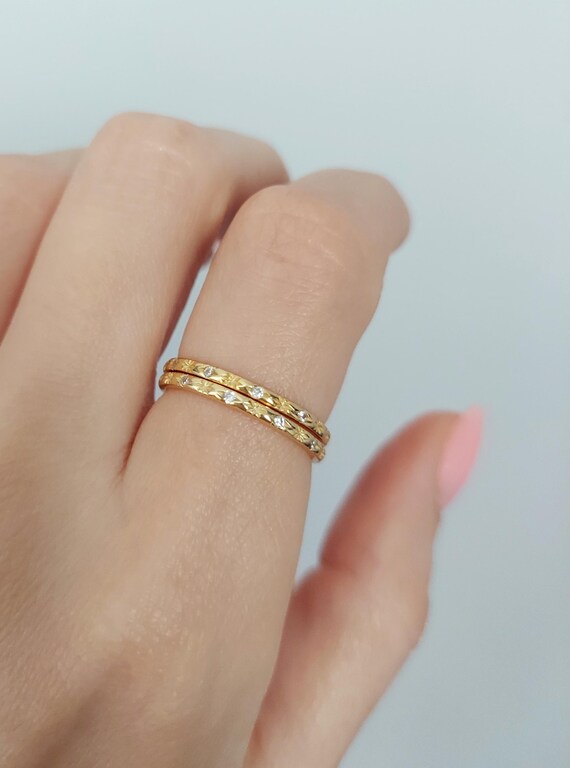 Pave Diamond Stackable Ring: Thin Gold Engagement… - image 1