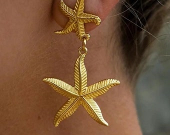 Large Starfish Drop Earrings| Gold Starfish Earrings| Vintage Gold Earrings| Gold Sea Star Earrings| Statement Earrings| Beach Jewelry
