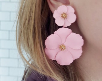 Pink Flower Earrings, Summer Earring Floral Earrings, Dangle Earrings, Hot Pink Earrings, Boho Large Flower Earrings, Flower Dangle Earrings