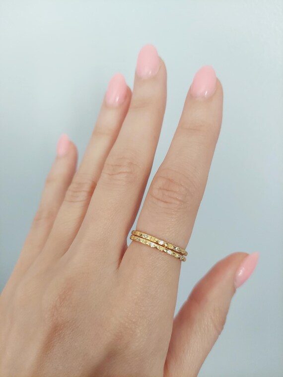 Pave Diamond Stackable Ring: Thin Gold Engagement… - image 2