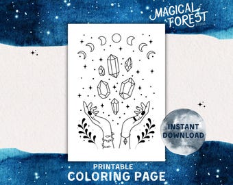 Coloriage mystique - cristaux et phases de la lune, coloriage imprimable pour adultes, téléchargement immédiat