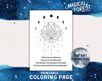 Inspirational Coloring Page – Lotus Flower & Quote, Printable Wall Art for Adults, Instant Download