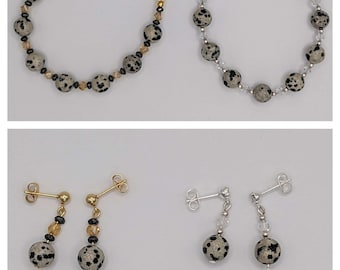 Dalmatian Jasper jewellery set: earrings, necklace, bracelet | Gold or Silver