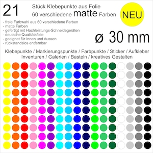 21 Stück Klebepunkte aus Folie matt rund 30mm Aufkleber Sticker Inventur Markierungen Auszeichnungen Scrapbook Museen Galerien Basteln DIY