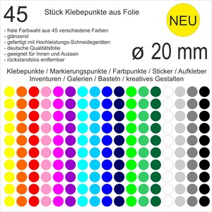 45 Stück Klebepunkte aus Folie glänzend rund 20mm Aufkleber Sticker Inventur Markierungen Auszeichnungen Scrapbook Museen Galerien Basteln