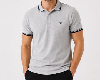 Camisa polo masculina cinza 100% algodão: camiseta clássica de verão com manga curta