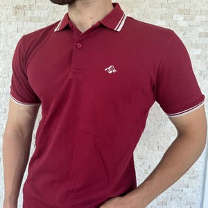 Burgundy Polo Shirt: Mountain Embroidered Cream Stripe, 100% Cotton