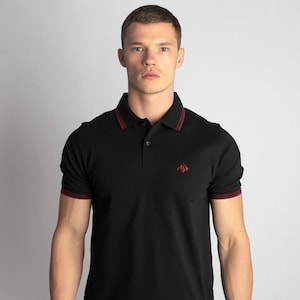 T-shirt polo nera di lusso da uomo – 100% cotone – Logo rosso – Maniche corte a righe – Regalo casual elegante di alta qualità per lui