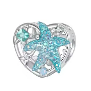 Blue Sparkling Starfish Ocean Openwork Heart Charm for Bracelet and Necklace, S925 Sterling Silver