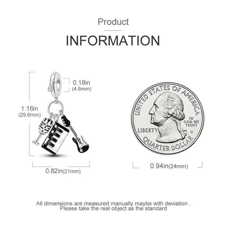 May include: Silver charm featuring a miniature keyboard, microphone, and guitar. The charm is 1.16 inches tall and 0.82 inches wide. It is attached to a silver chain with a lobster clasp.
