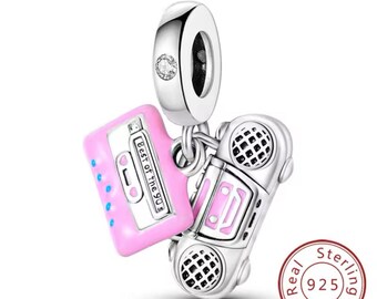 Vintage Boombox & Cassette Charm , Tape Charm, Retro Music Lover Charm for a Bracelet and Necklace, S925 Sterling Silver