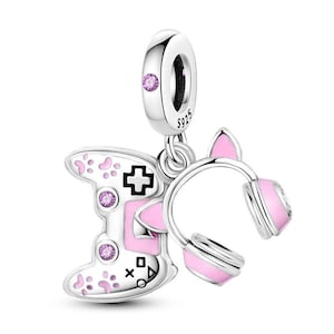 Pingente de controle de jogo rosa, pingente de fone de ouvido, pingente de garota gamer para pulseira e colar, prata esterlina S925