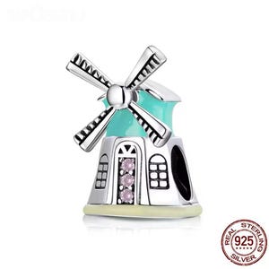 Romantischer Windmühlen-Anhänger, Anhänger für europäisches Armband oder Kette, 100% S925 Sterlingsilber & Emaille und CZ Anhänger