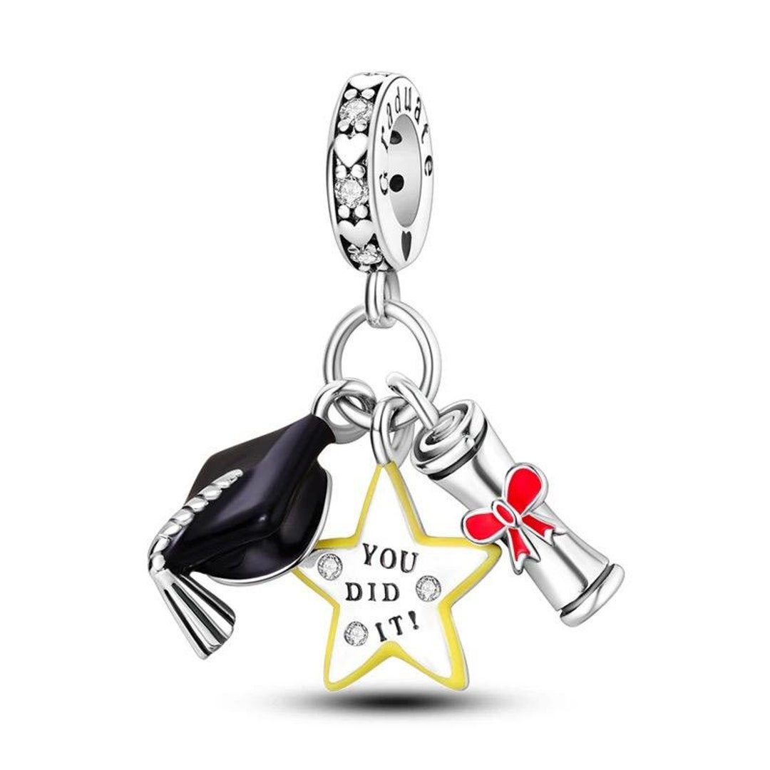 Graduation Dangle Charm , Cap & Diploma Pendant , Genuine 925 Sterling ...