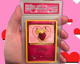 Carte Pokémon Pikachu Saint-Valentin personnalisée - Dans un étui gradué - Carte physique personnalisée - Ajoutez votre propre message