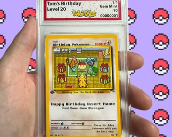 Personalisierte Geburtstags-Pokemon-Karte – Pixel-Kunst – in einer abgestuften Hülle – personalisierte physische Karte – fügen Sie Ihre eigene Nachricht hinzu
