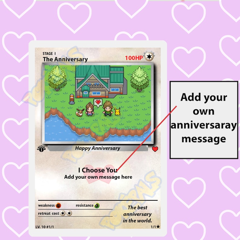 Pode incluir: Um cart&atilde;o tem&aacute;tico do Pok&eacute;mon com uma imagem pixelada de uma casa e dois personagens. O cart&atilde;o &eacute; intitulado "The Anniversary" e tem uma caixa de texto que diz "I Choose You" e "Add your own message here".