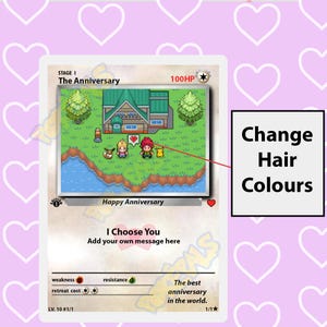 Pode incluir: Um cart&atilde;o Pok&eacute;mon com uma imagem pixelada de uma casa e dois personagens. O cart&atilde;o &eacute; intitulado "The Anniversary" e tem uma classifica&ccedil;&atilde;o de 100 PV. O texto "I Choose You" est&aacute; abaixo da imagem, com a mensagem "Add your own message here".