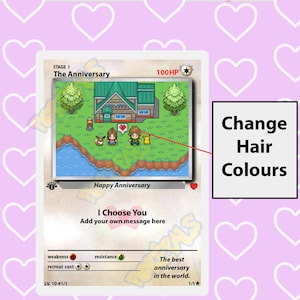 Pode incluir: Um cart&atilde;o Pok&eacute;mon com uma imagem pixelada de uma casa com um casal em p&eacute; na frente dela. O cart&atilde;o &eacute; intitulado "The Anniversary" e tem uma classifica&ccedil;&atilde;o de 100 HP. O texto "I Choose You" est&aacute; abaixo da imagem, com a mensagem "Add your own message here".