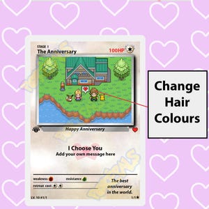 Pode incluir: Um cart&atilde;o Pok&eacute;mon com uma imagem pixelada de uma casa e dois personagens. O cart&atilde;o &eacute; intitulado "The Anniversary" e tem uma classifica&ccedil;&atilde;o de 100 PV. O texto "I Choose You" est&aacute; abaixo da imagem, com a mensagem "Add your own message here".