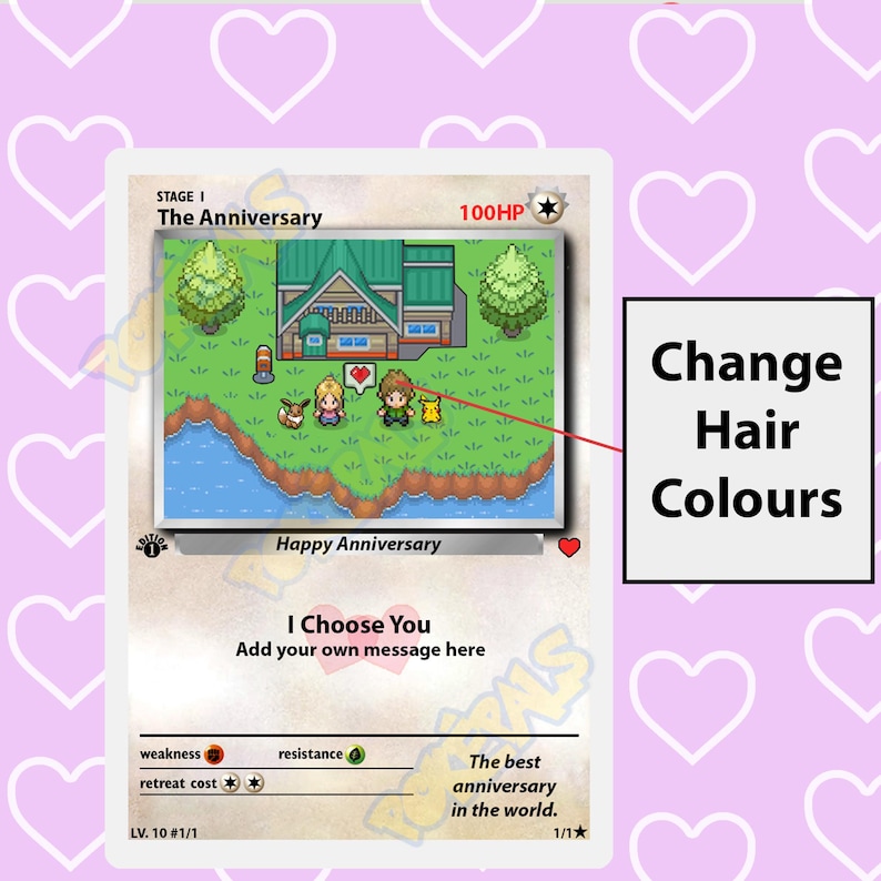 Pode incluir: Um cart&atilde;o Pok&eacute;mon com uma imagem pixelada de uma casa e dois personagens. O cart&atilde;o &eacute; intitulado "The Anniversary" e tem uma classifica&ccedil;&atilde;o de 100 PV. O texto "I Choose You" est&aacute; abaixo da imagem, com a mensagem "Add your own message here".