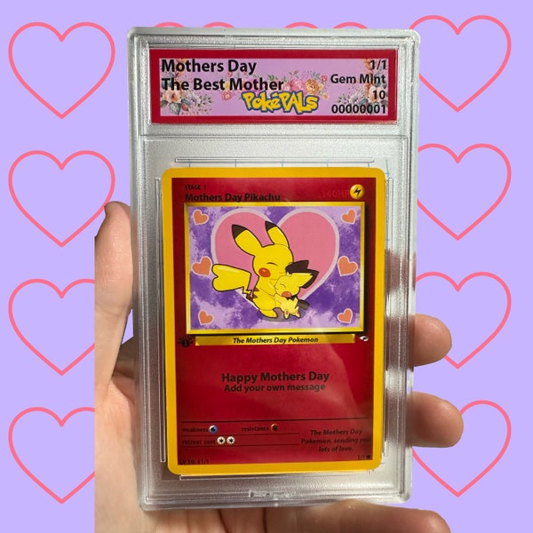 Personalised Pikachu Mothers Day Pokemon Card - Pixel Art - In a Graded Case -Customised Physical Card - Add Your Own Message