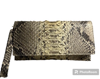 Pochette en python véritable en peau de serpent : blanc cassé et gris