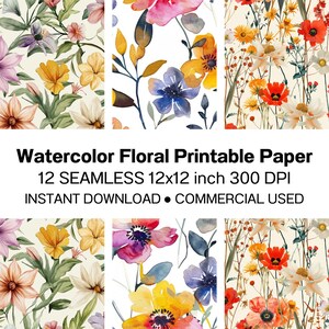 Watercolor Spring Wildflowers Digital Paper Pack, 12 Seamless Floral Patterns - Printable Boho Scrapbook Papers - Sublimation & Craft Design