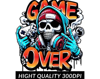Game Over Skeleton Gamer Sublimation PNG: Urban Streetwear Art (Digital Download)