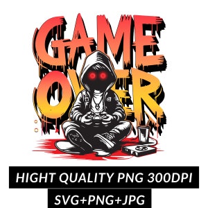 Game Over Sublimation PNG, Sublimationsdesign, Urban Graphics, Digital Gamer, Gaming-Liebhaber, Streetwear-Kunst für T-Shirt, transparenter Hintergrund,