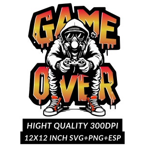 Game Over Sublimation PNG, Sublimationsdesign, Urbane Grafiken, Digital Gamer, Gaming Lover, Streetwear Art für T-Shirt, transparenter Hintergrund,