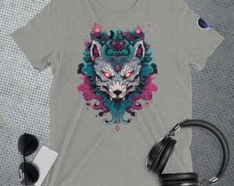 May include: A heather grey t-shirt with a graphic of a wolf's head with a detailed design in shades of blue, pink, and white.