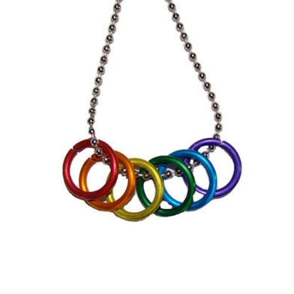 Rainbow Pride Freedom Rings Necklace 20" Stainless Steel Ball Chain LGBTQIA+ Rainbow Pride Flag
