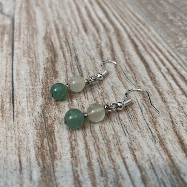 Dainty Eggshell And Sage Green Glass Bead Dangle Earrings With Silver-Tone Accents, Dangle Earrings, Sage Green, Eggshell, Dainty Earrings