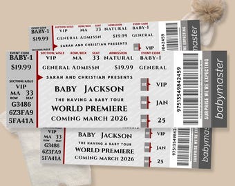 Plantilla editable de Canva para anunciar el género del bebé, boleto de concierto falso, anuncio de embarazo, anuncio de nacimiento, bebé en camino