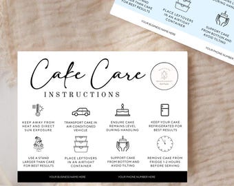 May include: Two rectangular cake care instruction cards featuring black text and icons on white and light blue backgrounds. The cards list guidelines for transport, storage, and handling, including placeholders for business name and phone number.