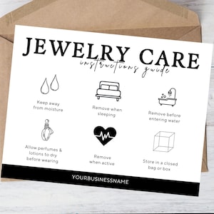 Plantilla imprimible para el cuidado de joyas, instrucciones editables para el cuidado de joyas, plantillas para el cuidado de aretes, tarjetas para el cuidado de pulseras (Canva)