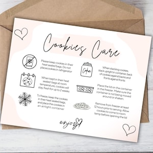 Cookies Care Cards Digitaler Download Canva-Vorlage Druckbare DIY-Bäckerei-Einsatzkarten Anleitung Bearbeitbare Pflegekarte, druckbare 1/4 Buchstabe