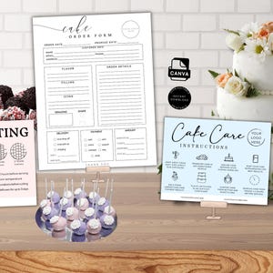 Taartonderhoudskaart, gids voor het snijden van taarten Taartbestelformuliersjabloon, bakkerijbestelformulieren, afdrukbare instructies voor het snijden van taarten Roze wit blauw pdf