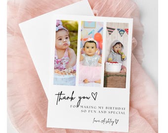 Birthday Thank You Photo Card, Minimalist Simple Modern Picture Thank You, Simple Birthday Favor Card, Fully Editable, 3 Photo Frame