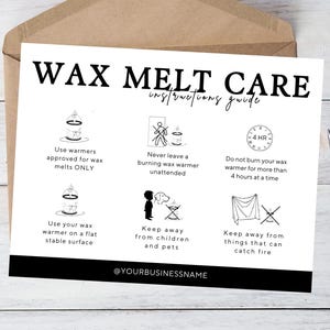 Wax Melt Care Card Canva-sjabloon, bewerkbare Wax Melts-veiligheidskaarten, Wax Tarts-instructies ontwerpsjablonen en bedanksjabloon