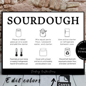 Guida alla cura del lievito madre stampabile, modello Canva, guida all'alimentazione del lievito madre, modello di schede per la cura del pane, download digitale
