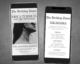 Birthday Itinerary Canva Template Digital Birthday Newspaper Travel Itinerary Girls Trip Vacation Idea